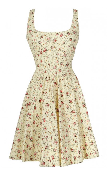 Shabby Chic Floral Fit and Flare Cotton Sundress in Ivory